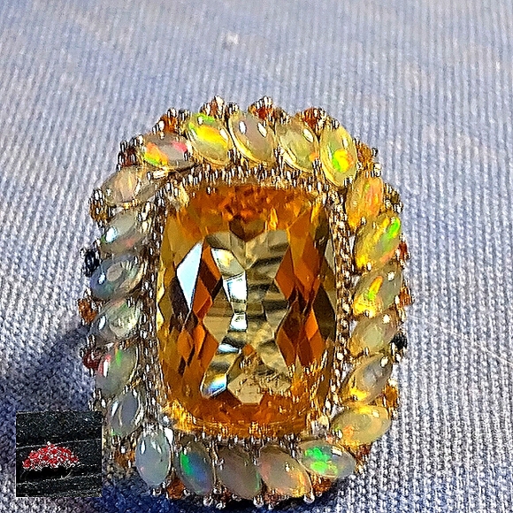 BEAUTY, FIRE & BRILLIANCE. FIRE OPAL SURROUNDS BRAZILIAN CITRINE. STERLING SZ 6. - Picture 7 of 12
